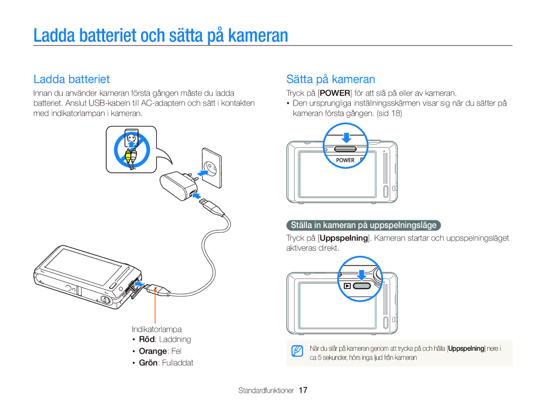 Samsung EC-ST700ZBPBE2 manual Ladda batteriet och sätta på kameran, Sätta på kameran, Ställa in kameran på uppspelningsläge 