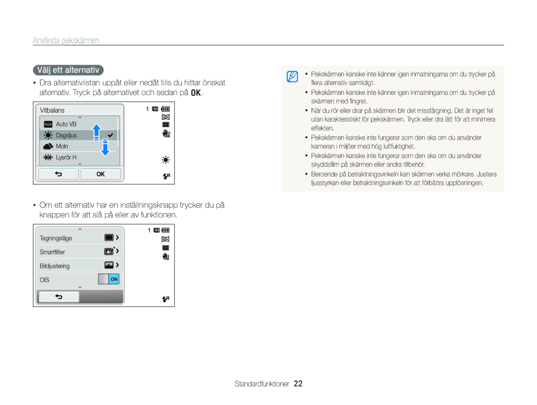 Samsung EC-ST700ZBPSE2, EC-ST700ZBPBE2 manual Använda pekskärmen, Välj ett alternativ 