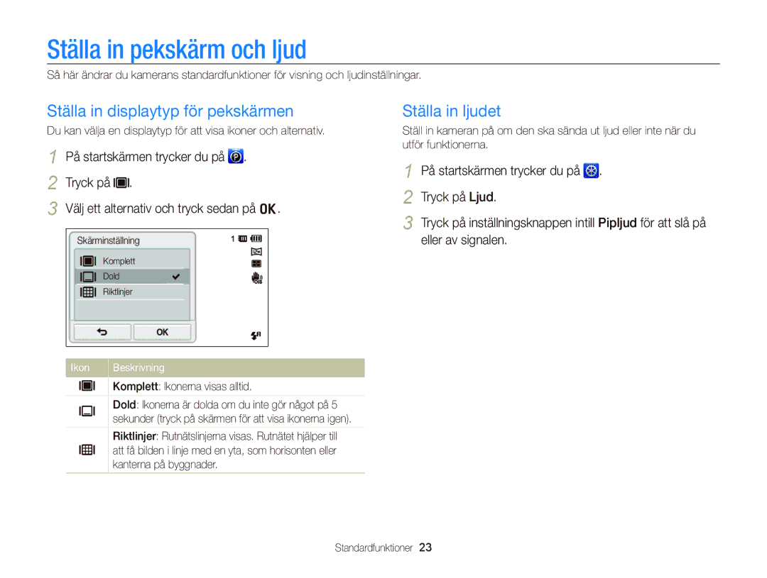 Samsung EC-ST700ZBPBE2, EC-ST700ZBPSE2 Ställa in pekskärm och ljud, Ställa in displaytyp för pekskärmen, Ställa in ljudet 