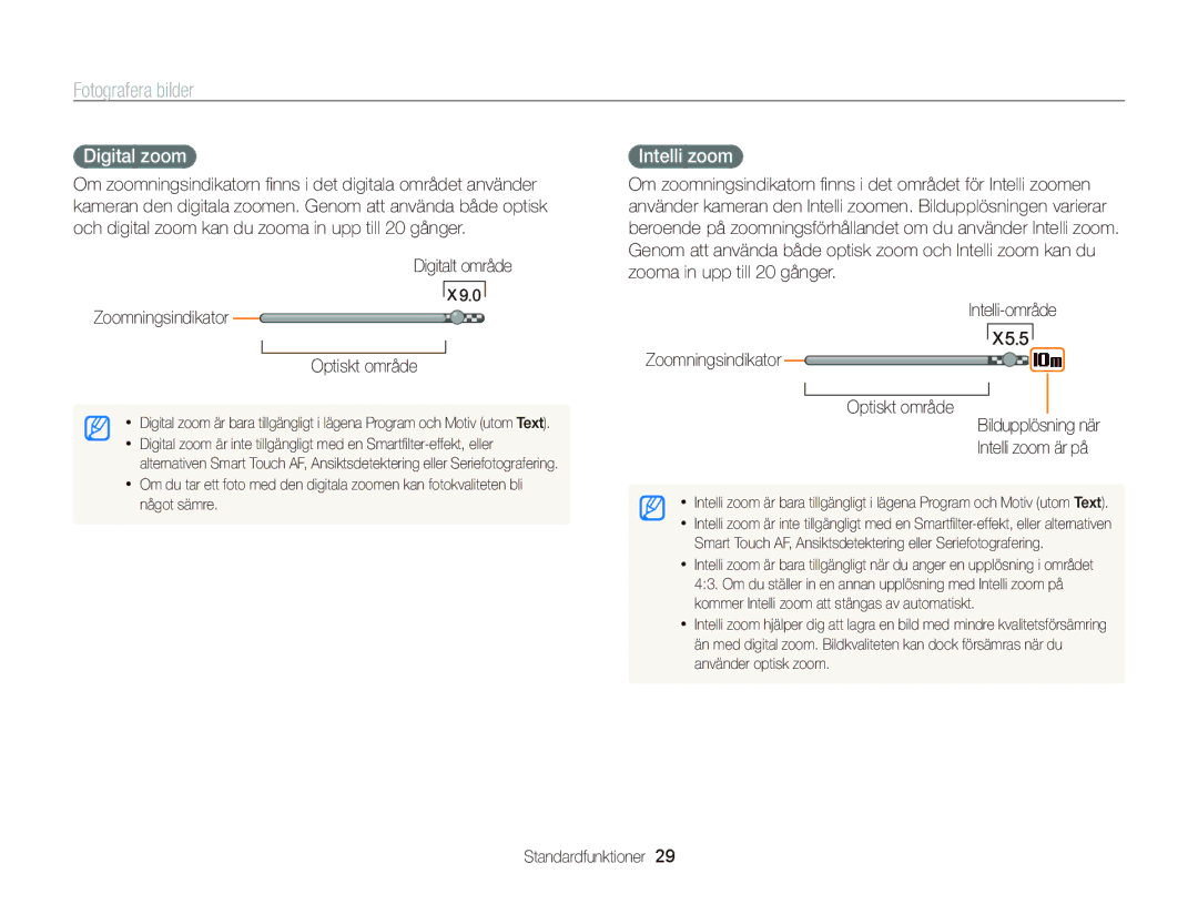 Samsung EC-ST700ZBPBE2, EC-ST700ZBPSE2 manual Digital zoom, Intelli zoom, Digitalt område Zoomningsindikator Optiskt område 