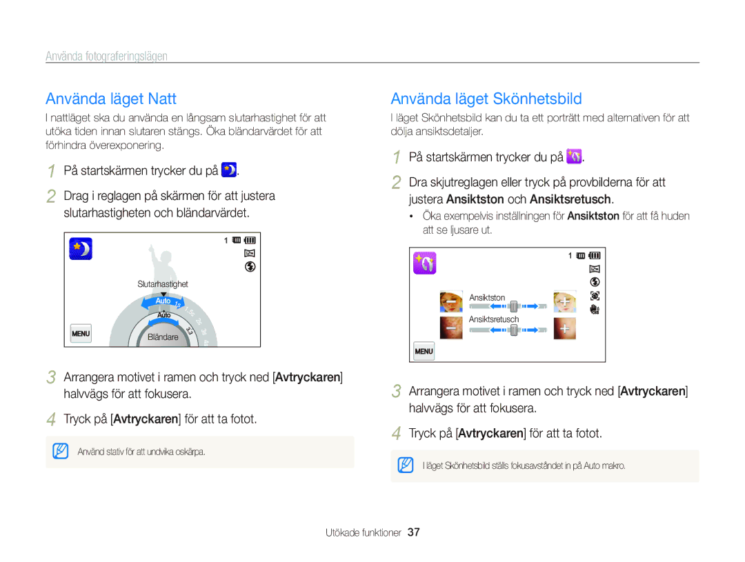 Samsung EC-ST700ZBPBE2 manual Använda läget Natt, Använda läget Skönhetsbild, Justera Ansiktston och Ansiktsretusch 