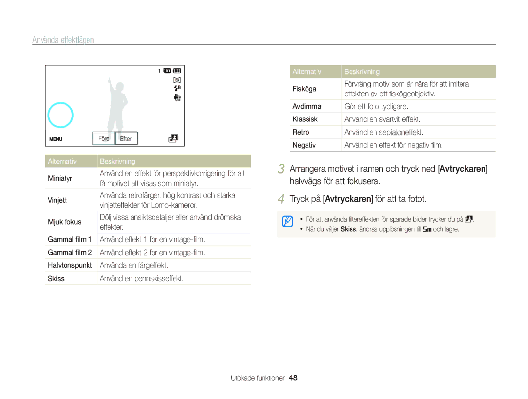 Samsung EC-ST700ZBPSE2, EC-ST700ZBPBE2 manual Använda effektlägen, Alternativ Beskrivning 