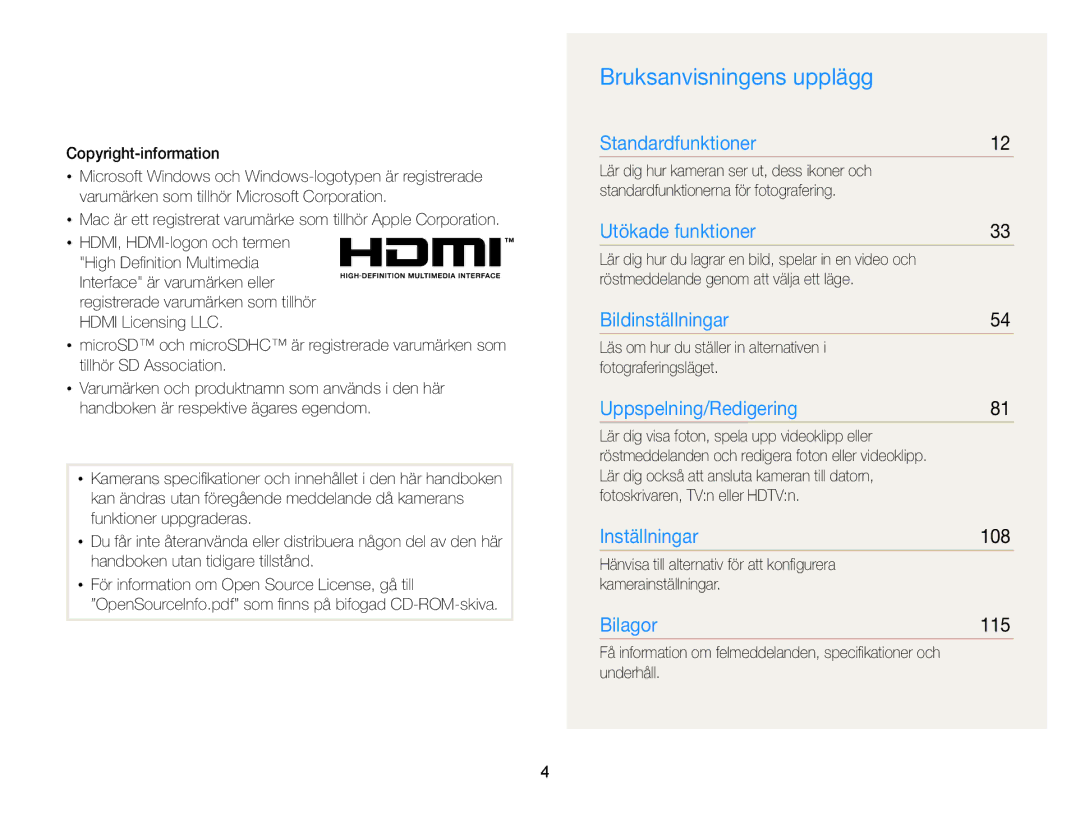 Samsung EC-ST700ZBPSE2, EC-ST700ZBPBE2 manual Bruksanvisningens upplägg, 108, 115 