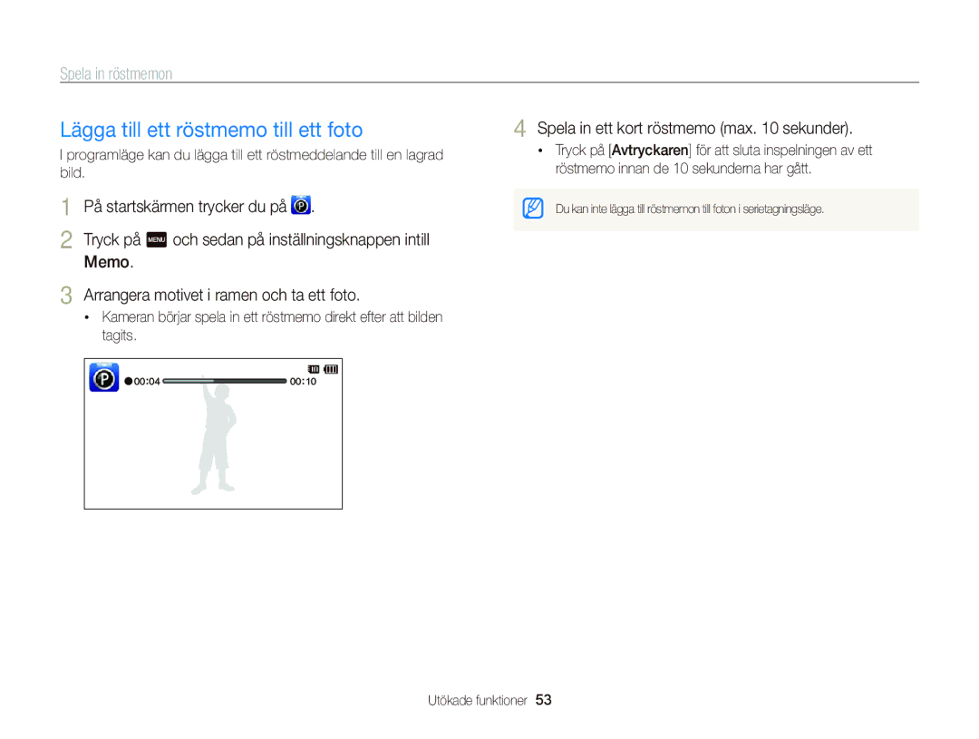 Samsung EC-ST700ZBPBE2, EC-ST700ZBPSE2 manual Lägga till ett röstmemo till ett foto, Spela in röstmemon, Memo 