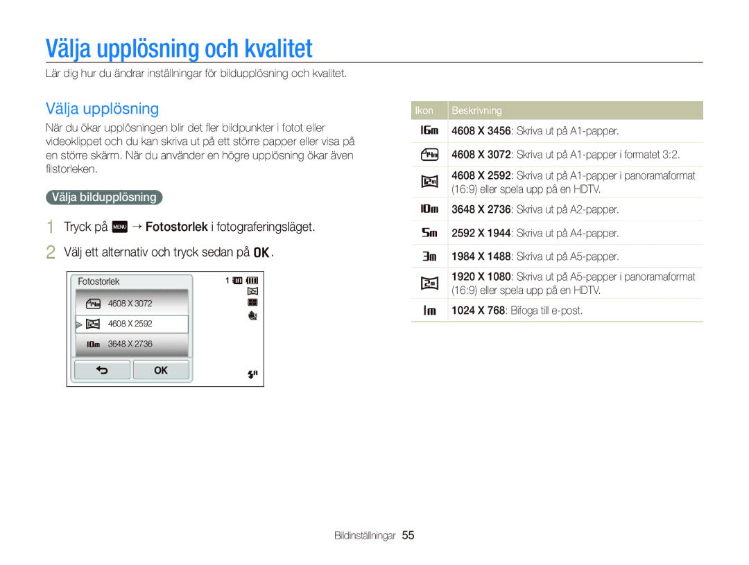 Samsung EC-ST700ZBPBE2, EC-ST700ZBPSE2 manual Välja upplösning och kvalitet, Välja bildupplösning 