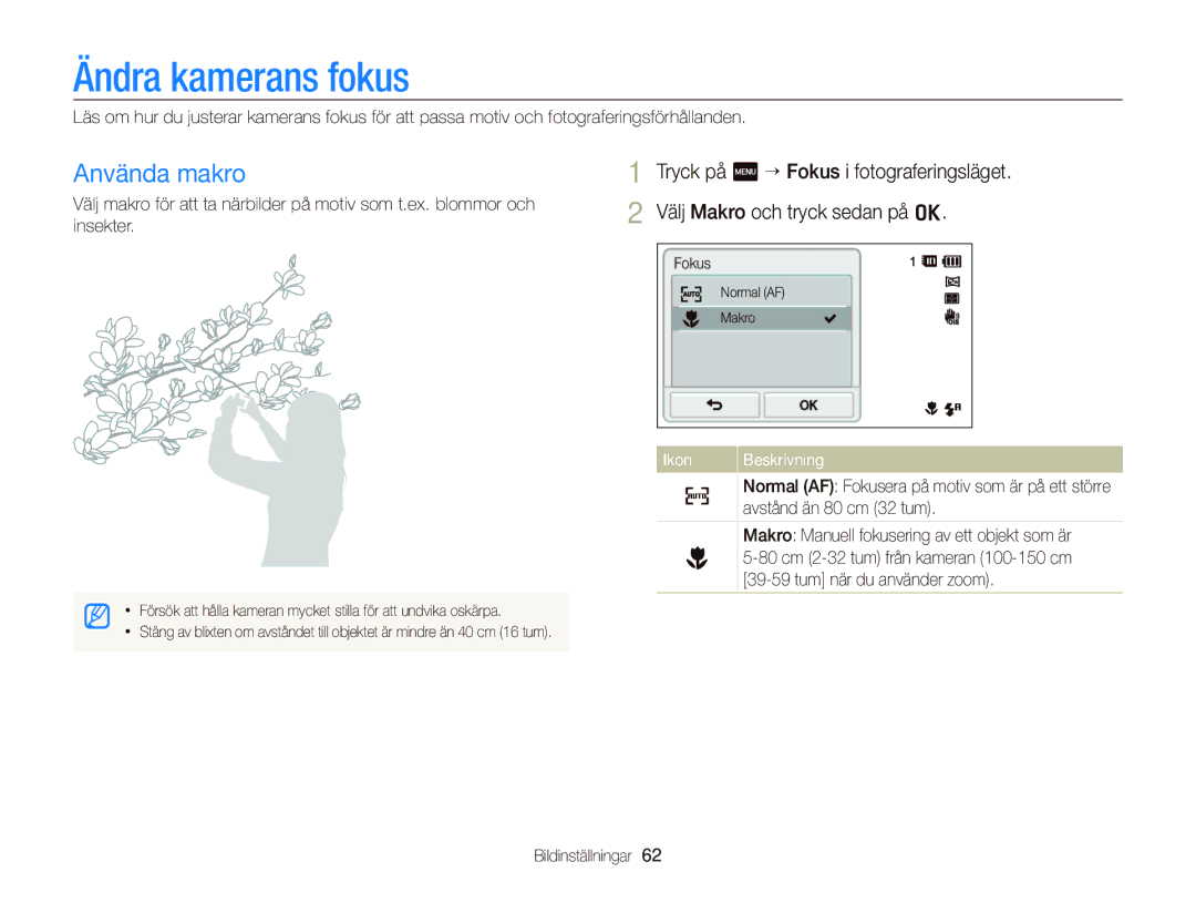 Samsung EC-ST700ZBPSE2, EC-ST700ZBPBE2 manual Ändra kamerans fokus, Använda makro 