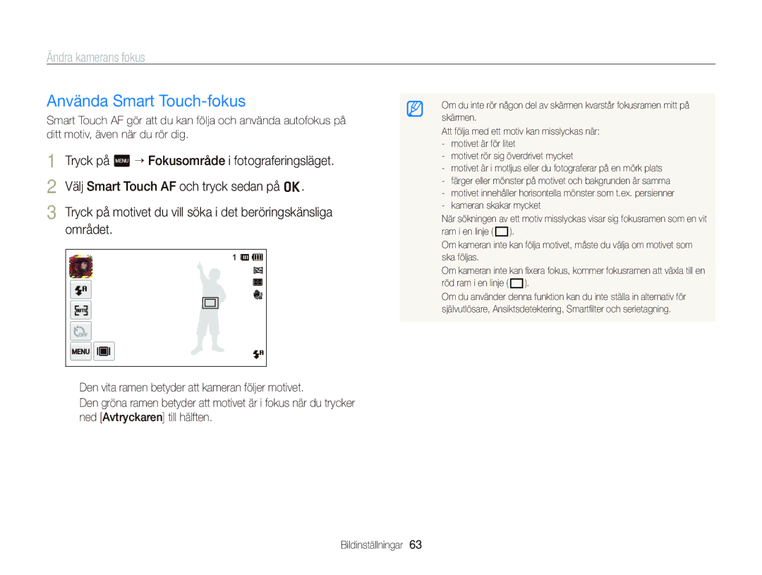 Samsung EC-ST700ZBPBE2, EC-ST700ZBPSE2 manual Använda Smart Touch-fokus, Ändra kamerans fokus 