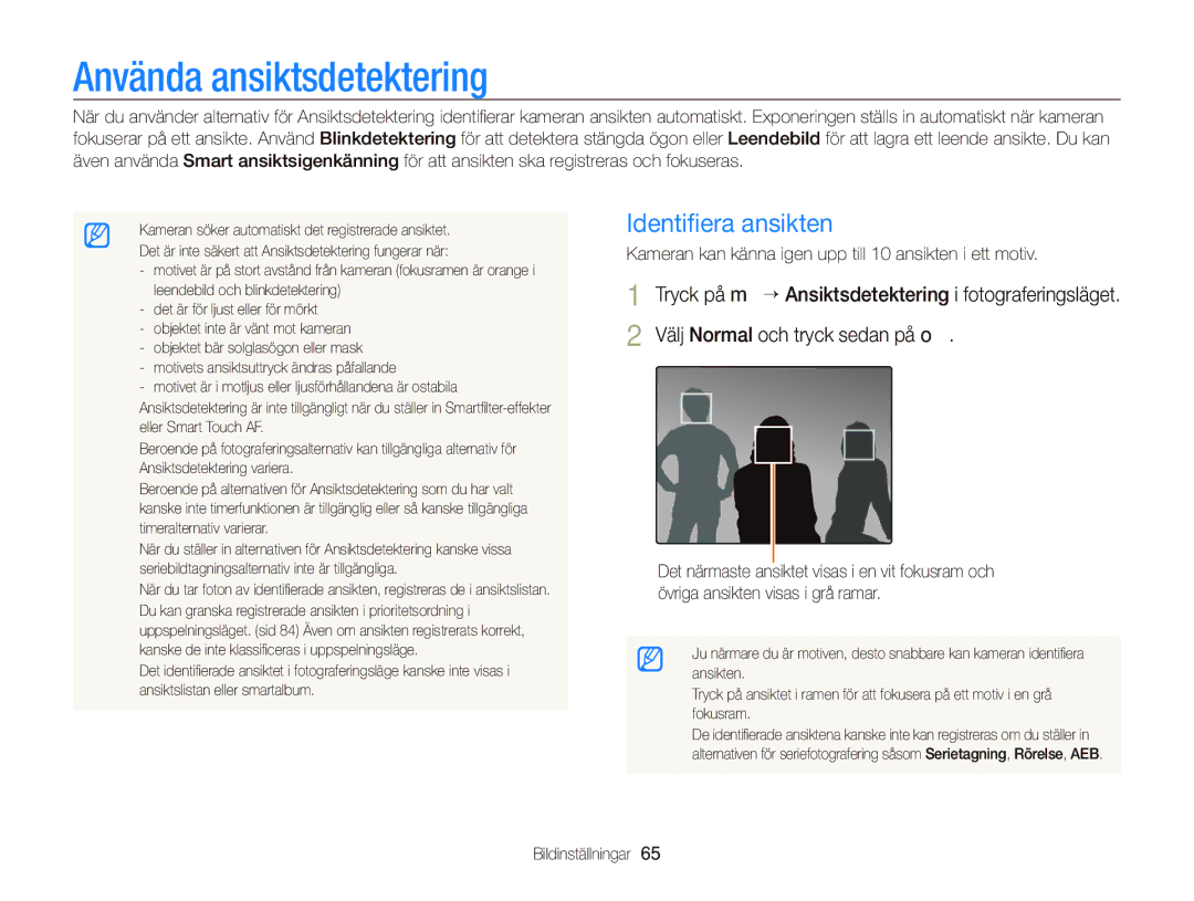 Samsung EC-ST700ZBPBE2, EC-ST700ZBPSE2 manual Använda ansiktsdetektering, Identiﬁera ansikten 