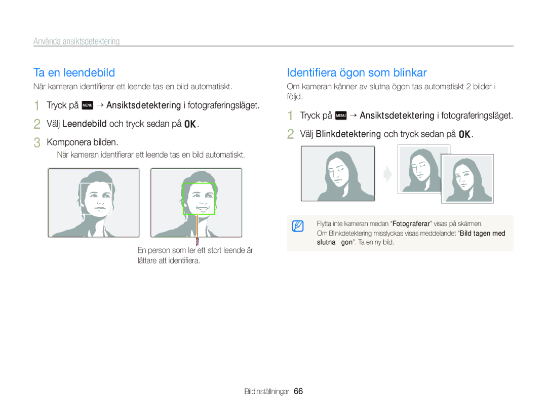 Samsung EC-ST700ZBPSE2, EC-ST700ZBPBE2 manual Ta en leendebild, Identiﬁera ögon som blinkar, Använda ansiktsdetektering 