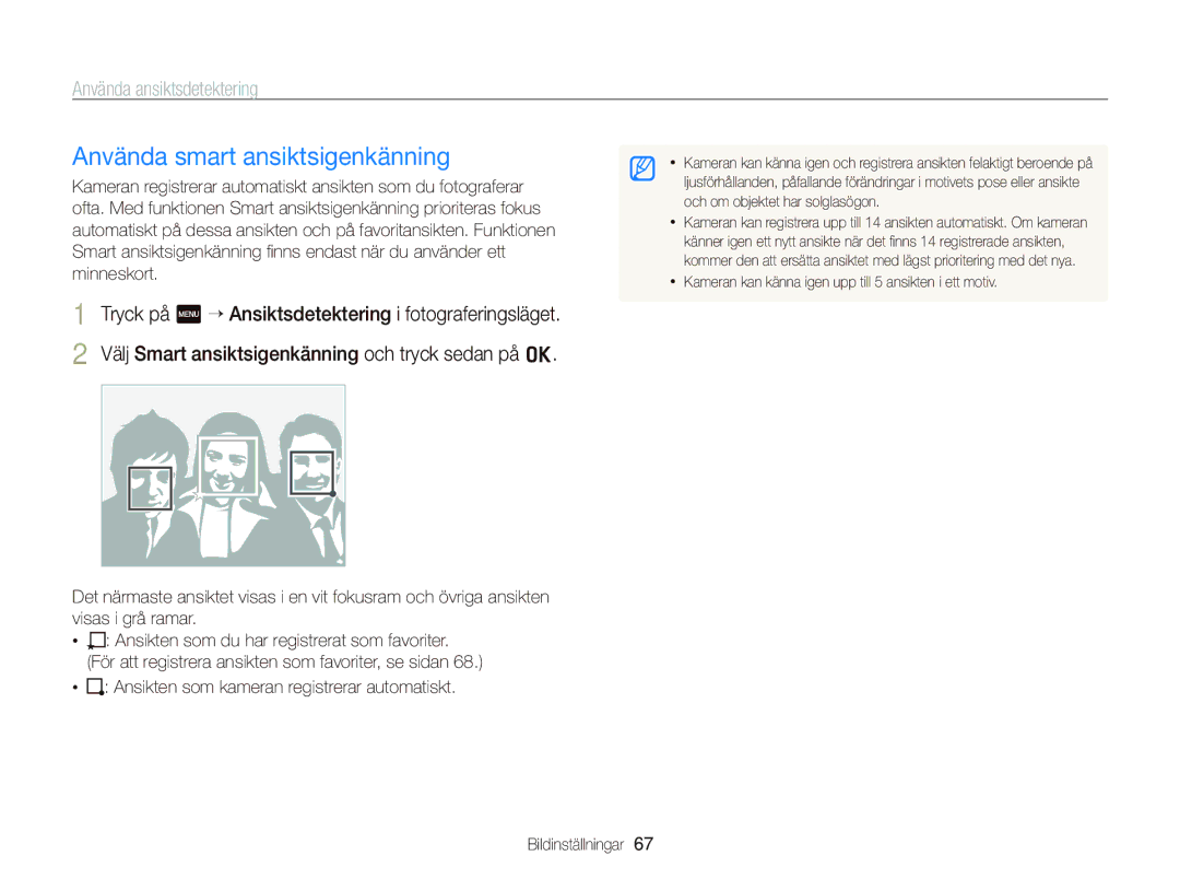 Samsung EC-ST700ZBPBE2, EC-ST700ZBPSE2 manual Använda smart ansiktsigenkänning, Ansikten som kameran registrerar automatiskt 