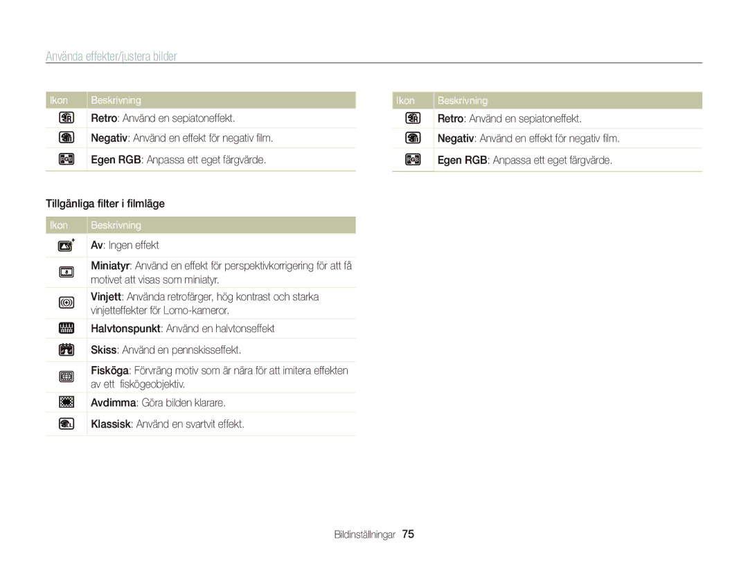 Samsung EC-ST700ZBPBE2, EC-ST700ZBPSE2 manual Använda effekter/justera bilder 
