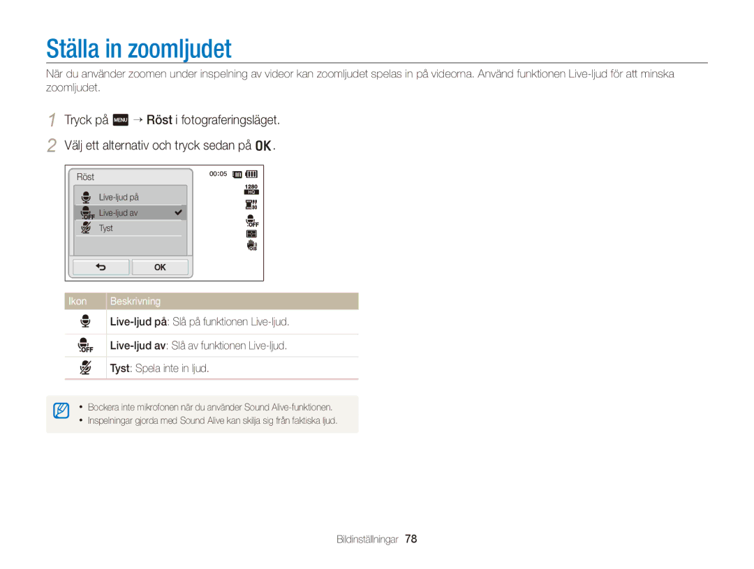 Samsung EC-ST700ZBPSE2, EC-ST700ZBPBE2 manual Ställa in zoomljudet, Ikon Beskrivning 