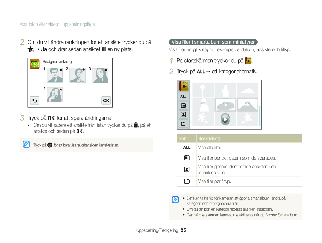 Samsung EC-ST700ZBPBE2, EC-ST700ZBPSE2 manual Tryck på, Visa ﬁler i smartalbum som miniatyrer 