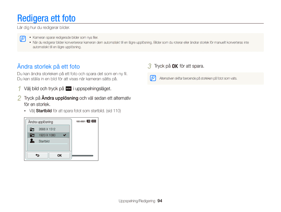 Samsung EC-ST700ZBPSE2, EC-ST700ZBPBE2 manual Redigera ett foto, Ändra storlek på ett foto, Lär dig hur du redigerar bilder 