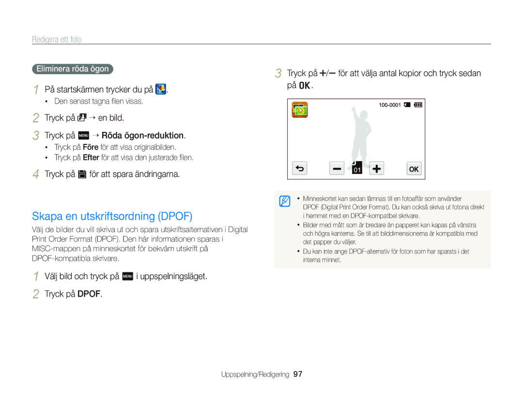 Samsung EC-ST700ZBPBE2, EC-ST700ZBPSE2 manual Skapa en utskriftsordning Dpof, Tryck på “ en bild, Eliminera röda ögon 