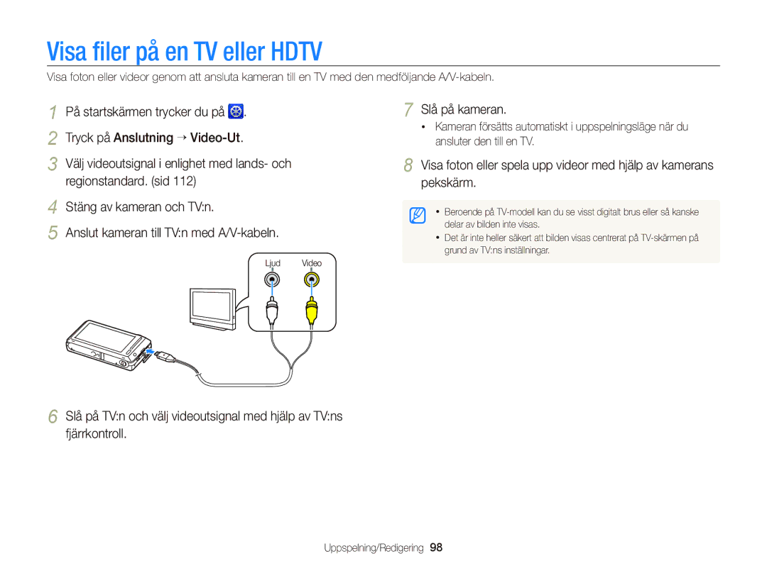 Samsung EC-ST700ZBPSE2 manual Visa ﬁler på en TV eller Hdtv, Regionstandard. sid Stäng av kameran och TVn, Slå på kameran 