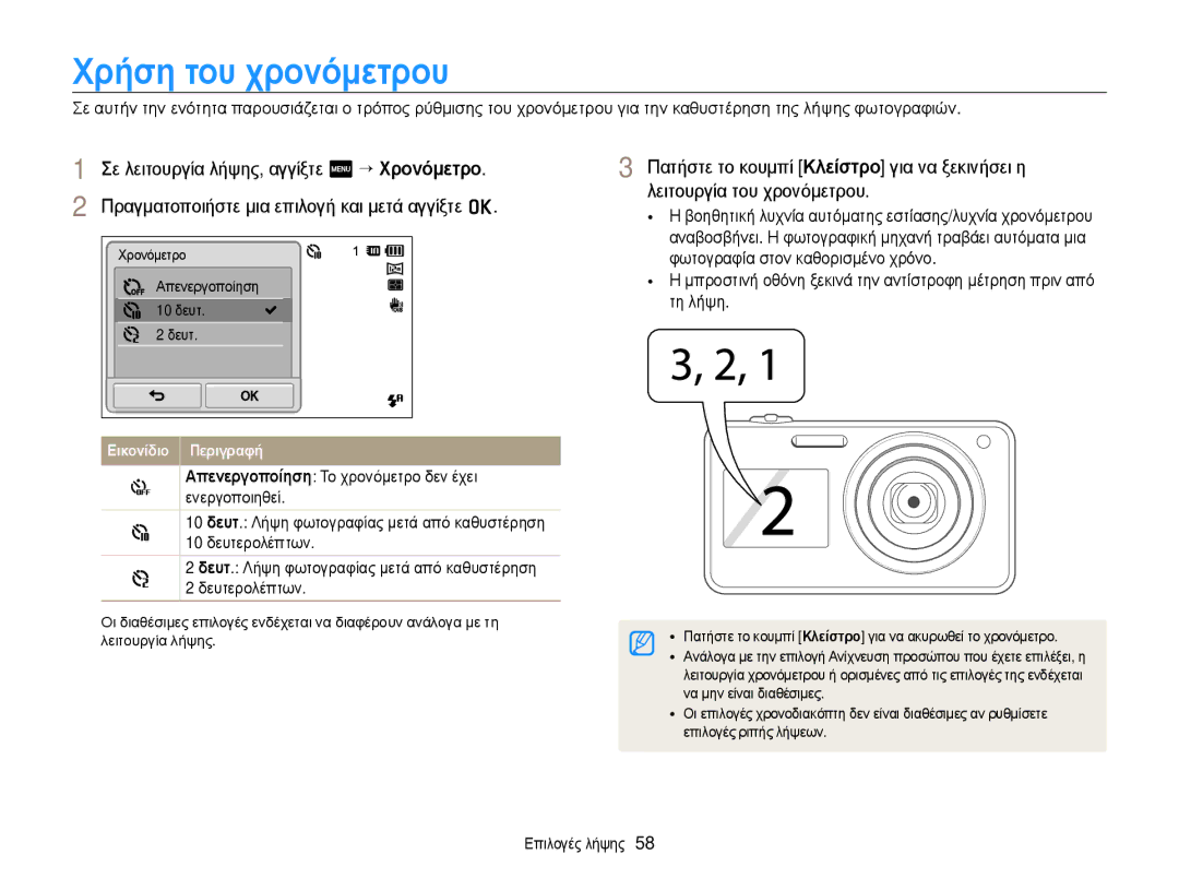 Samsung EC-ST700ZBPLE3 Χρήση του χρονόμετρου, Απενεργοποίηση 10 δευτ Δευτ, Να μην είναι διαθέσιμες, Επιλογές ριπής λήψεων 