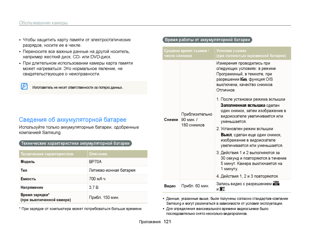 Samsung EC-ST700ZBPLRU manual Сведения об аккумуляторной батарее, Технические характеристики аккумуляторной батареи 