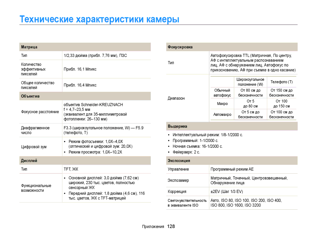 Samsung EC-ST700ZBPBRU, EC-ST700ZBPSRU, EC-ST700ZBPLRU manual Технические характеристики камеры 