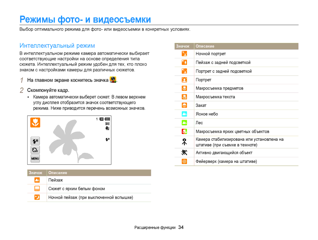 Samsung EC-ST700ZBPLRU manual Режимы фото- и видеосъемки, Интеллектуальный режим, На главном экране коснитесь значка 