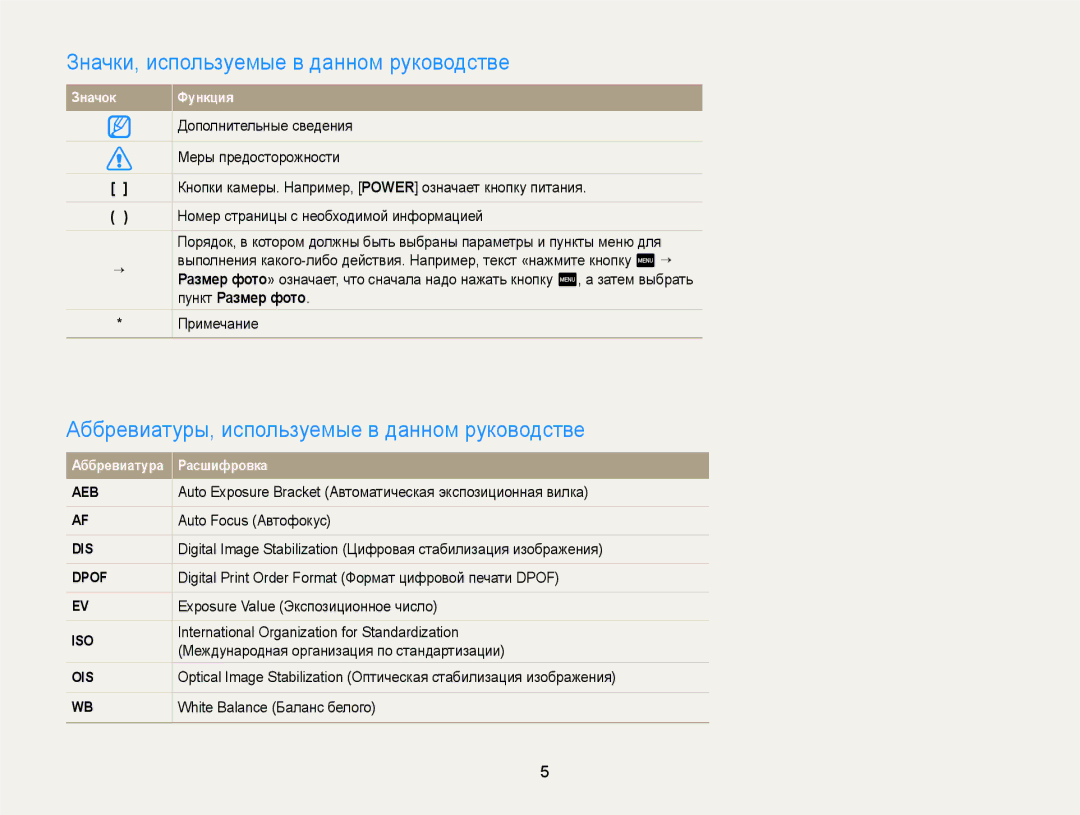 Samsung EC-ST700ZBPBRU manual Значки, используемые в данном руководстве, Аббревиатуры, используемые в данном руководстве 