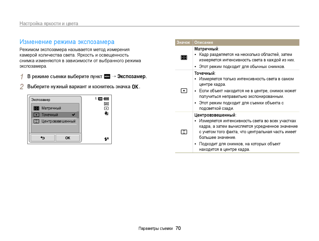 Samsung EC-ST700ZBPLRU Изменение режима экспозамера, Настройка яркости и цвета, Матричный, Точечный, Центровзвешенный 