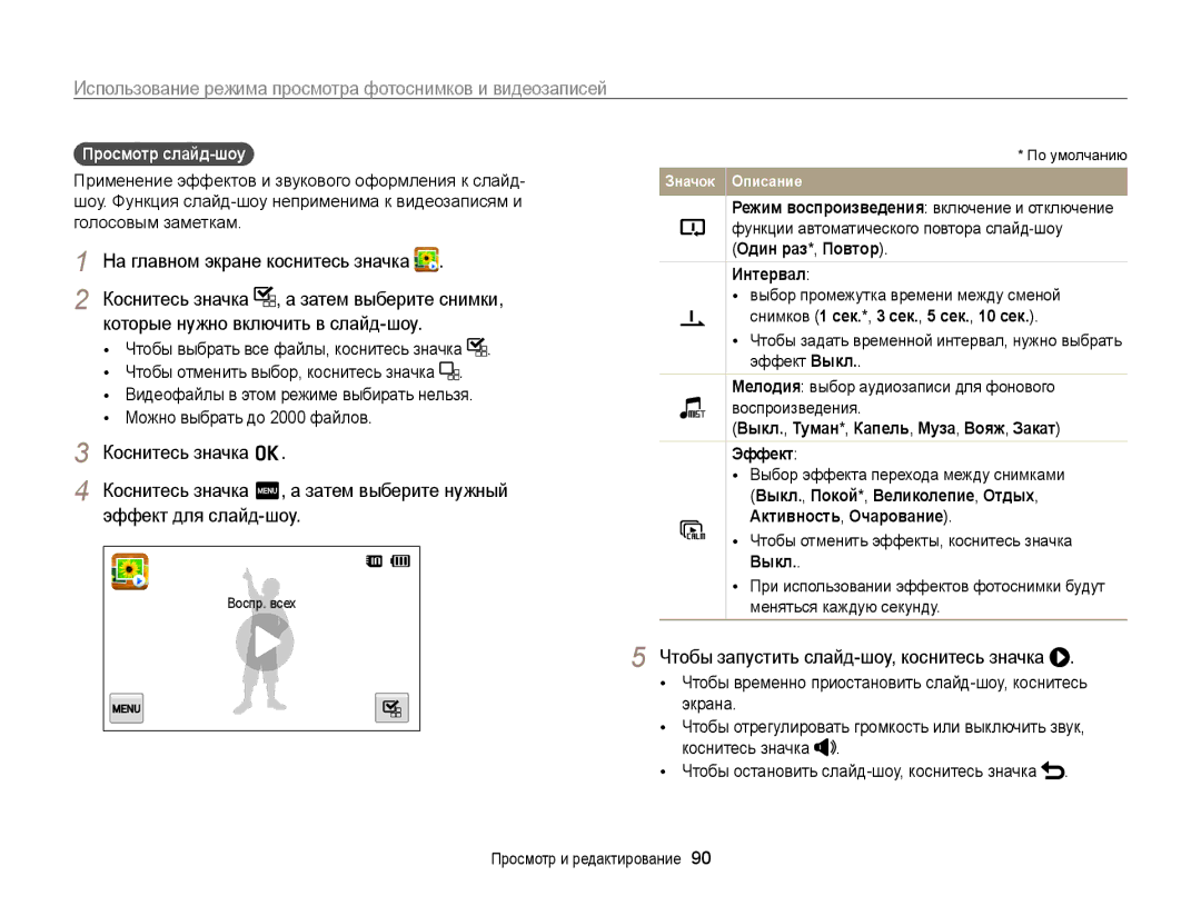 Samsung EC-ST700ZBPSRU Которые нужно включить в слайд-шоу, Чтобы запустить слайд-шоу, коснитесь значка, Просмотр слайд-шоу 