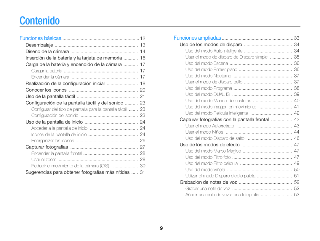 Samsung EC-ST700ZBPLE1, EC-ST700ZBPBE1 manual Contenido, Carga de la batería y encendido de la cámara 