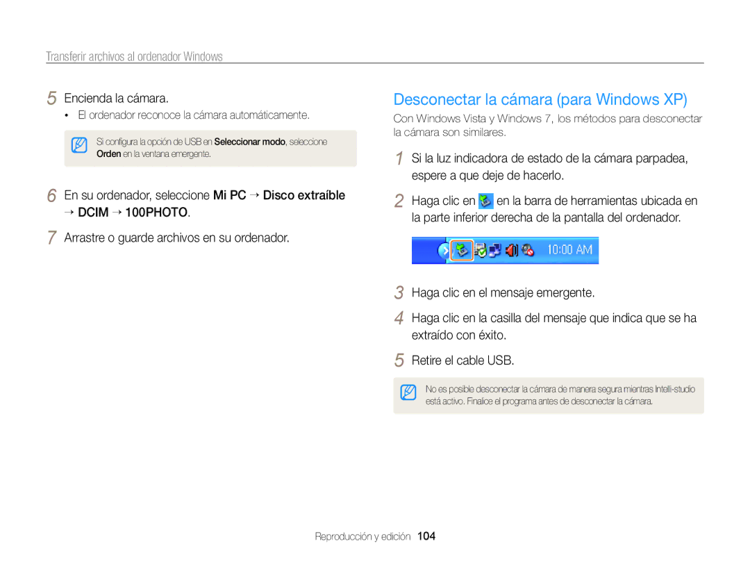 Samsung EC-ST700ZBPBE1 manual Desconectar la cámara para Windows XP, Haga clic en el mensaje emergente, Extraído con éxito 