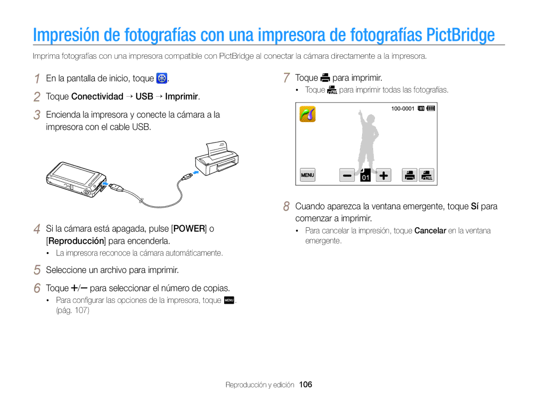 Samsung EC-ST700ZBPBE1 manual Toque Conectividad “ USB “ Imprimir, Impresora con el cable USB, Toque para imprimir 