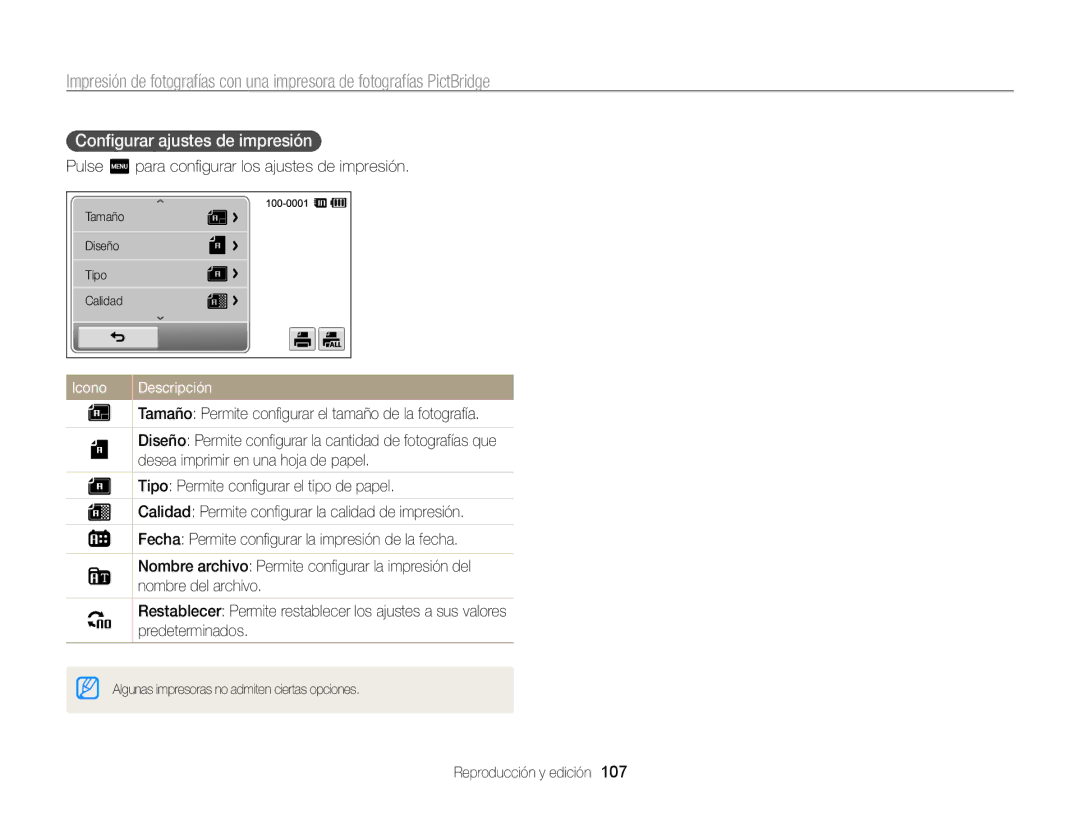 Samsung EC-ST700ZBPLE1, EC-ST700ZBPBE1 Conﬁgurar ajustes de impresión, Pulse m para conﬁgurar los ajustes de impresión 