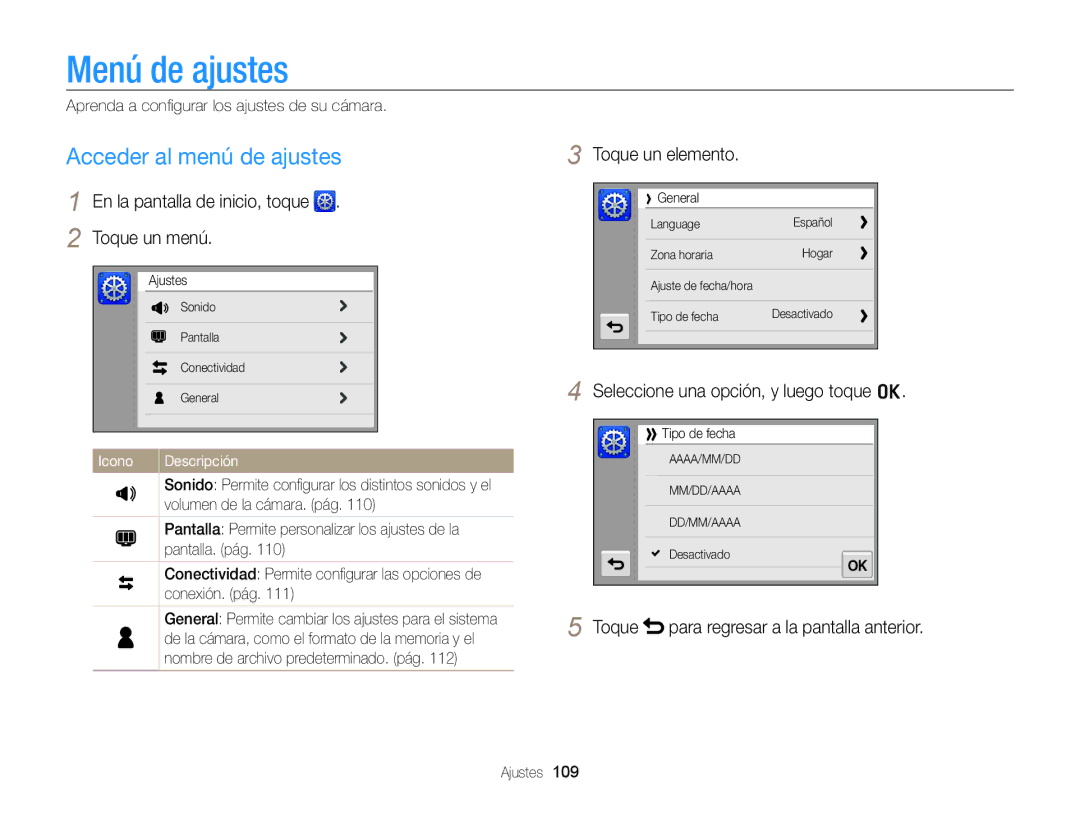 Samsung EC-ST700ZBPLE1, EC-ST700ZBPBE1 Menú de ajustes, Toque un elemento, Aprenda a conﬁgurar los ajustes de su cámara 