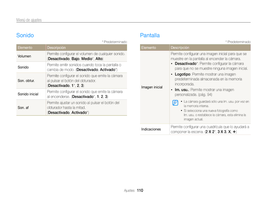 Samsung EC-ST700ZBPBE1, EC-ST700ZBPLE1 manual Sonido, Pantalla, Menú de ajustes, Elemento Descripción 