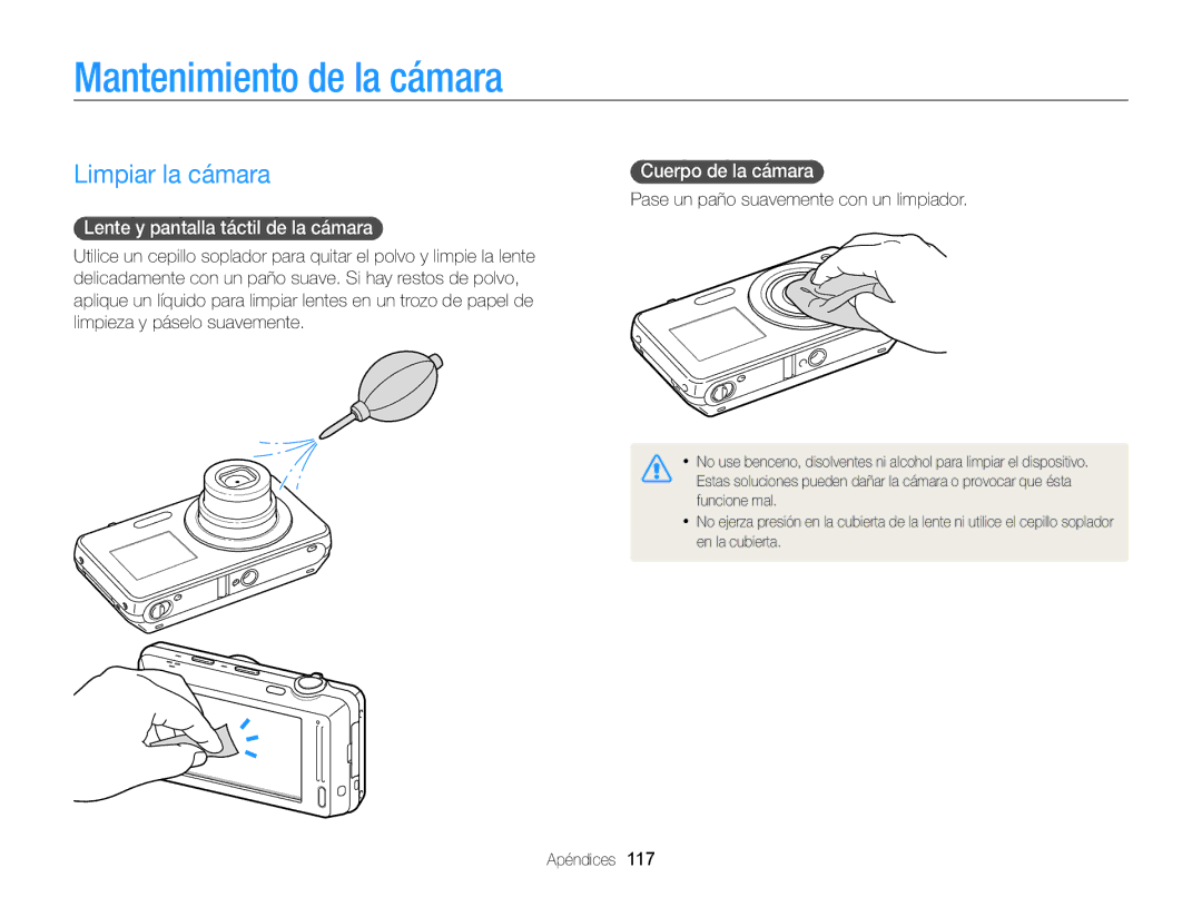 Samsung EC-ST700ZBPLE1, EC-ST700ZBPBE1 Mantenimiento de la cámara, Limpiar la cámara, Lente y pantalla táctil de la cámara 