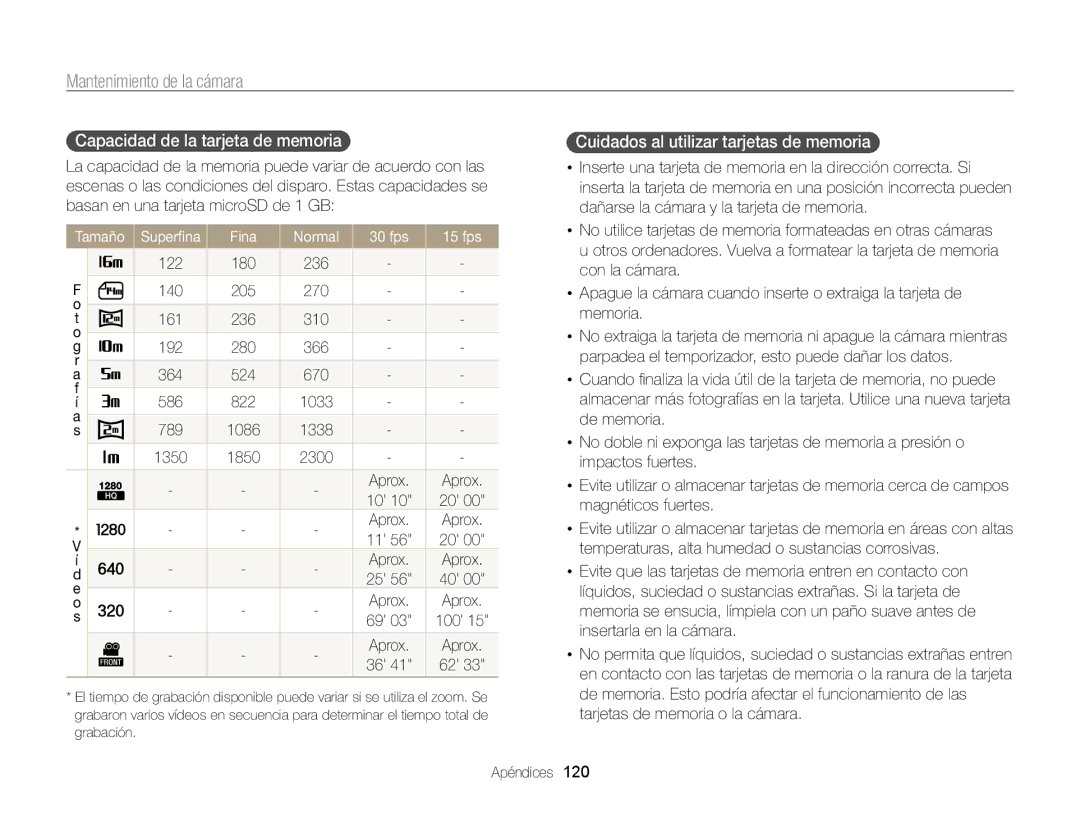 Samsung EC-ST700ZBPBE1, EC-ST700ZBPLE1 manual Capacidad de la tarjeta de memoria, Cuidados al utilizar tarjetas de memoria 