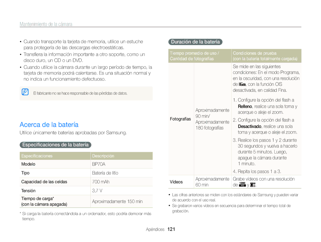 Samsung EC-ST700ZBPLE1, EC-ST700ZBPBE1 manual Acerca de la batería, Especiﬁcaciones de la batería, Duración de la batería 