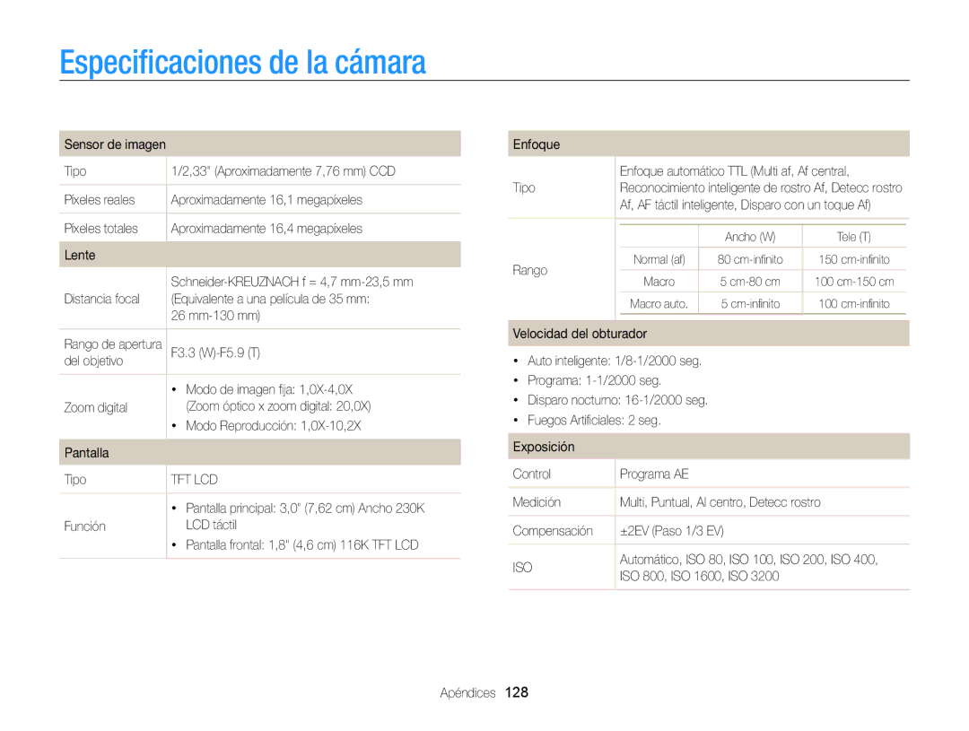 Samsung EC-ST700ZBPBE1 Especiﬁcaciones de la cámara, F3.3 W-F5.9 T, Función LCD táctil, Rango, ISO 800, ISO 1600, ISO 