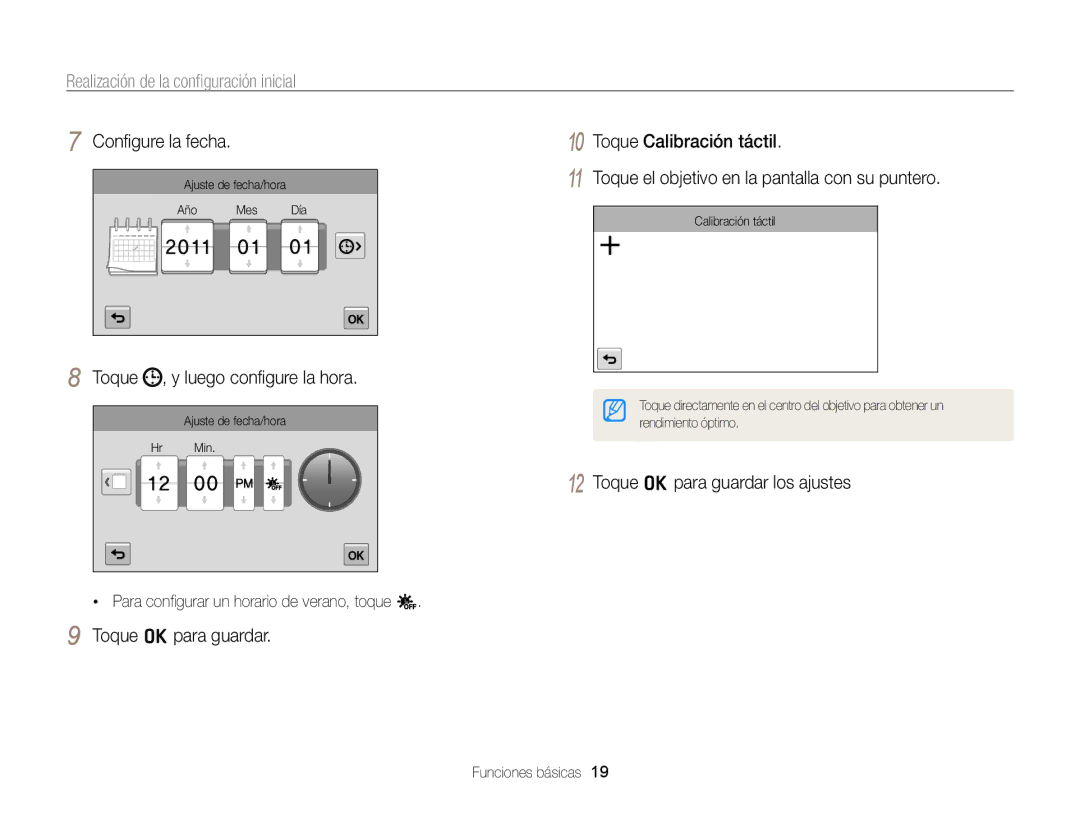 Samsung EC-ST700ZBPLE1 Realización de la conﬁguración inicial, Toque Calibración táctil, Toque , y luego conﬁgure la hora 