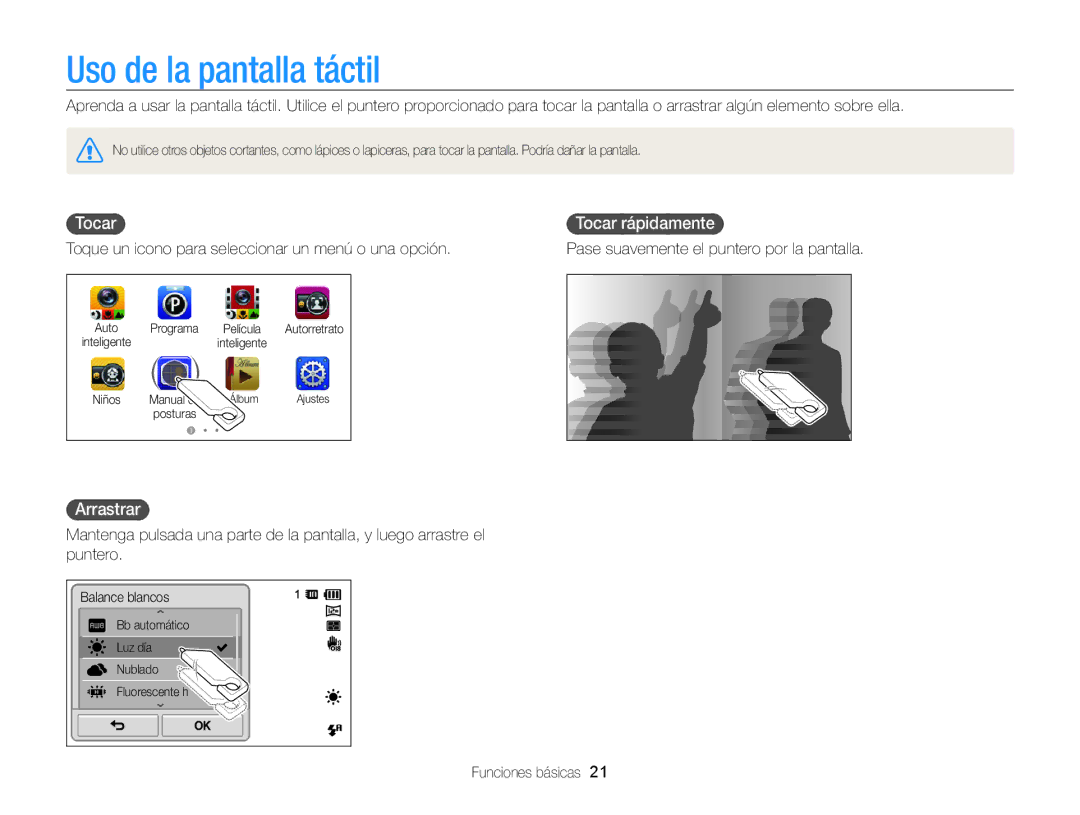 Samsung EC-ST700ZBPLE1, EC-ST700ZBPBE1 manual Uso de la pantalla táctil, Tocar Tocar rápidamente, Arrastrar 