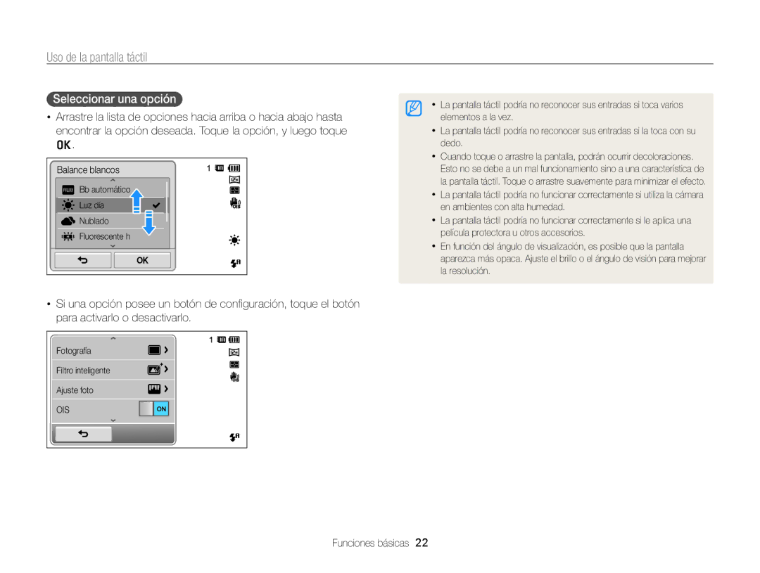 Samsung EC-ST700ZBPBE1, EC-ST700ZBPLE1 manual Uso de la pantalla táctil, Seleccionar una opción 