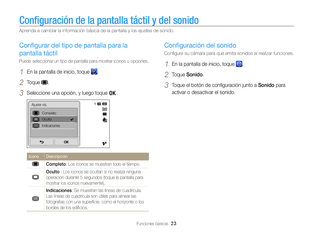 Samsung EC-ST700ZBPLE1, EC-ST700ZBPBE1 manual Conﬁguración de la pantalla táctil y del sonido, Conﬁguración del sonido 