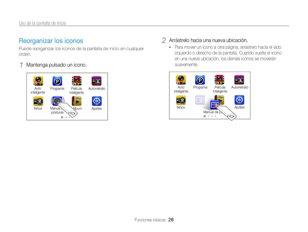 Samsung EC-ST700ZBPBE1 manual Reorganizar los iconos, Mantenga pulsado un icono, Arrástrelo hacia una nueva ubicación 