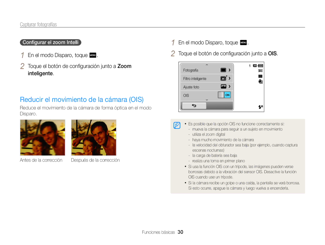 Samsung EC-ST700ZBPBE1 manual Reducir el movimiento de la cámara OIS, Conﬁgurar el zoom Intelli, Antes de la corrección 