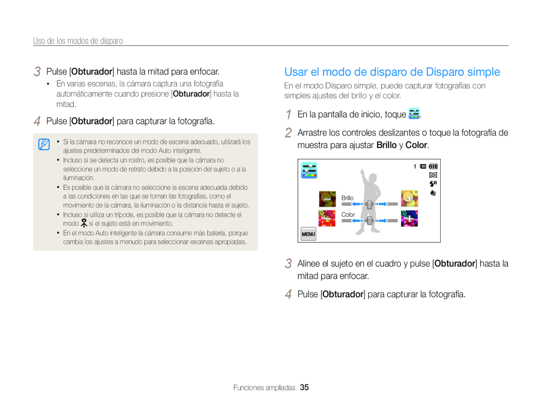 Samsung EC-ST700ZBPLE1, EC-ST700ZBPBE1 manual Usar el modo de disparo de Disparo simple, Uso de los modos de disparo 