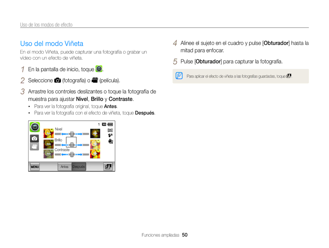 Samsung EC-ST700ZBPBE1 manual Uso del modo Viñeta, Seleccione Fotografía o, Muestra para ajustar Nivel, Brillo y Contraste 