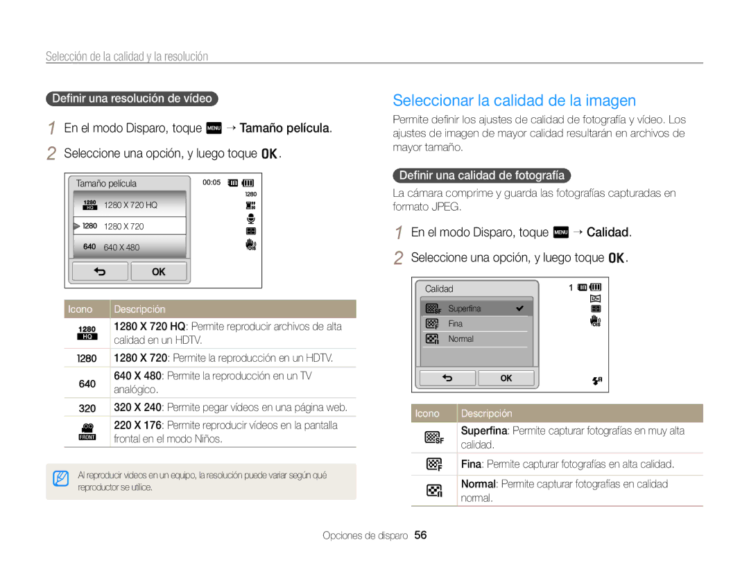 Samsung EC-ST700ZBPBE1, EC-ST700ZBPLE1 Selección de la calidad y la resolución, Deﬁnir una calidad de fotografía, Icono 