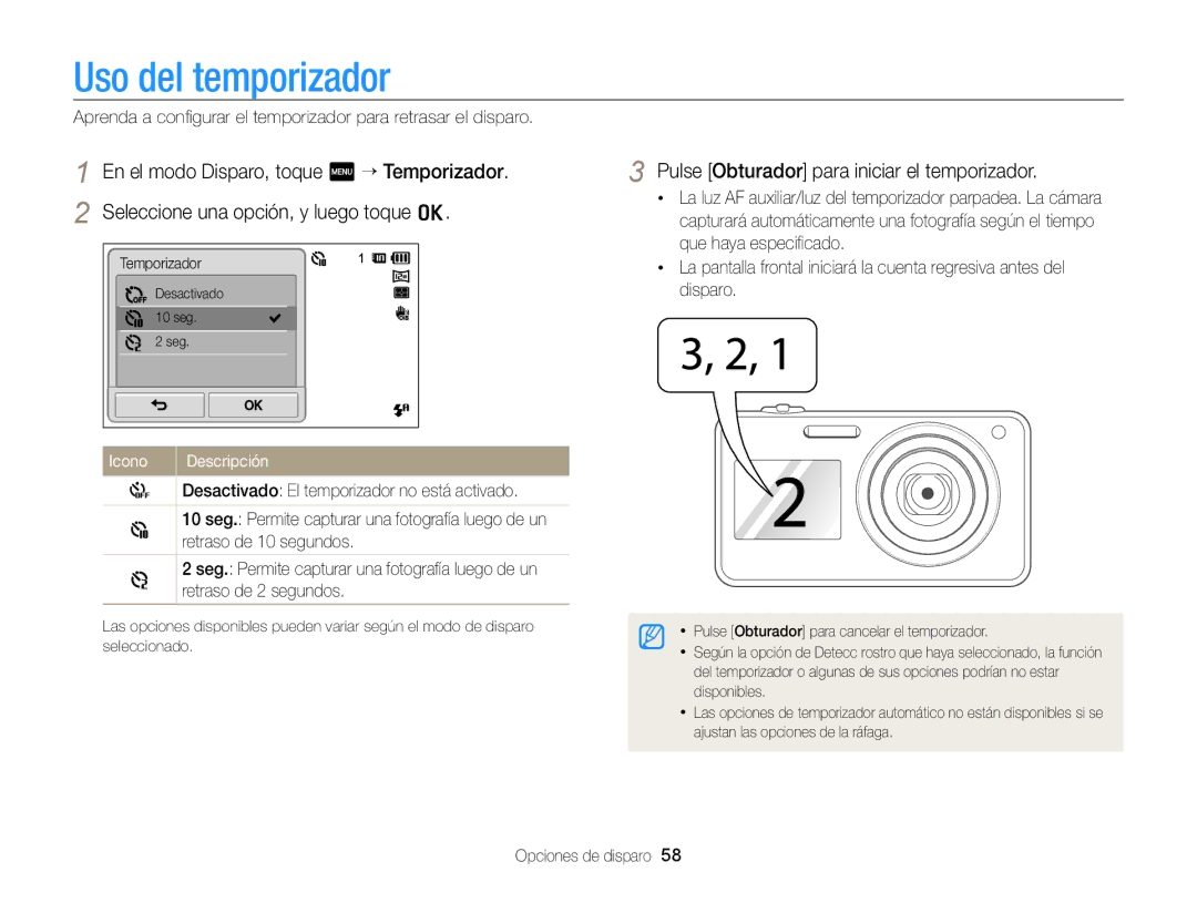 Samsung EC-ST700ZBPBE1, EC-ST700ZBPLE1 manual Uso del temporizador, Pulse Obturador para iniciar el temporizador 