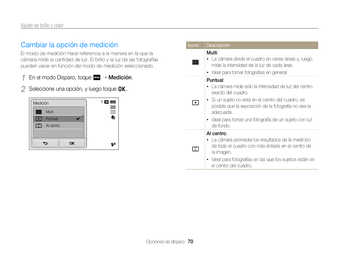 Samsung EC-ST700ZBPBE1, EC-ST700ZBPLE1 manual Cambiar la opción de medición, Ajuste de brillo y color 