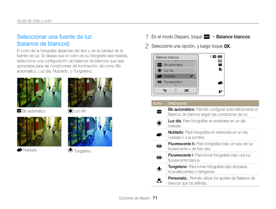 Samsung EC-ST700ZBPLE1, EC-ST700ZBPBE1 manual Seleccionar una fuente de luz balance de blancos 