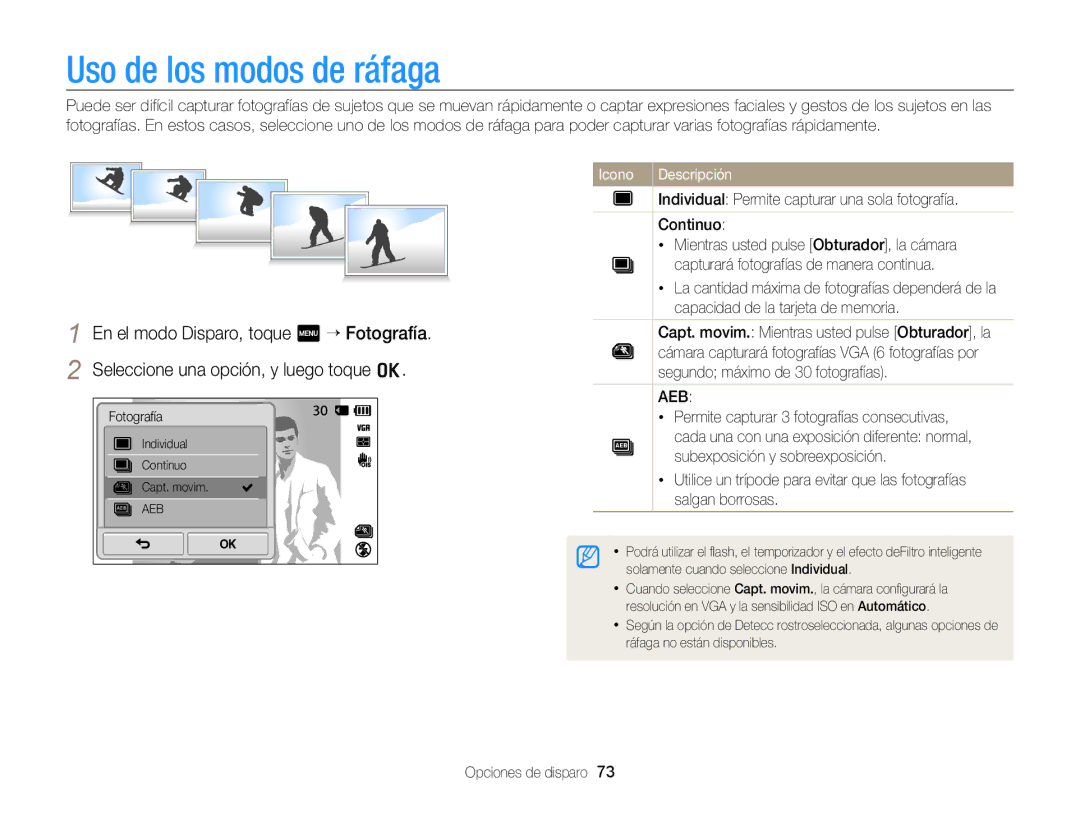 Samsung EC-ST700ZBPLE1, EC-ST700ZBPBE1 manual Uso de los modos de ráfaga 